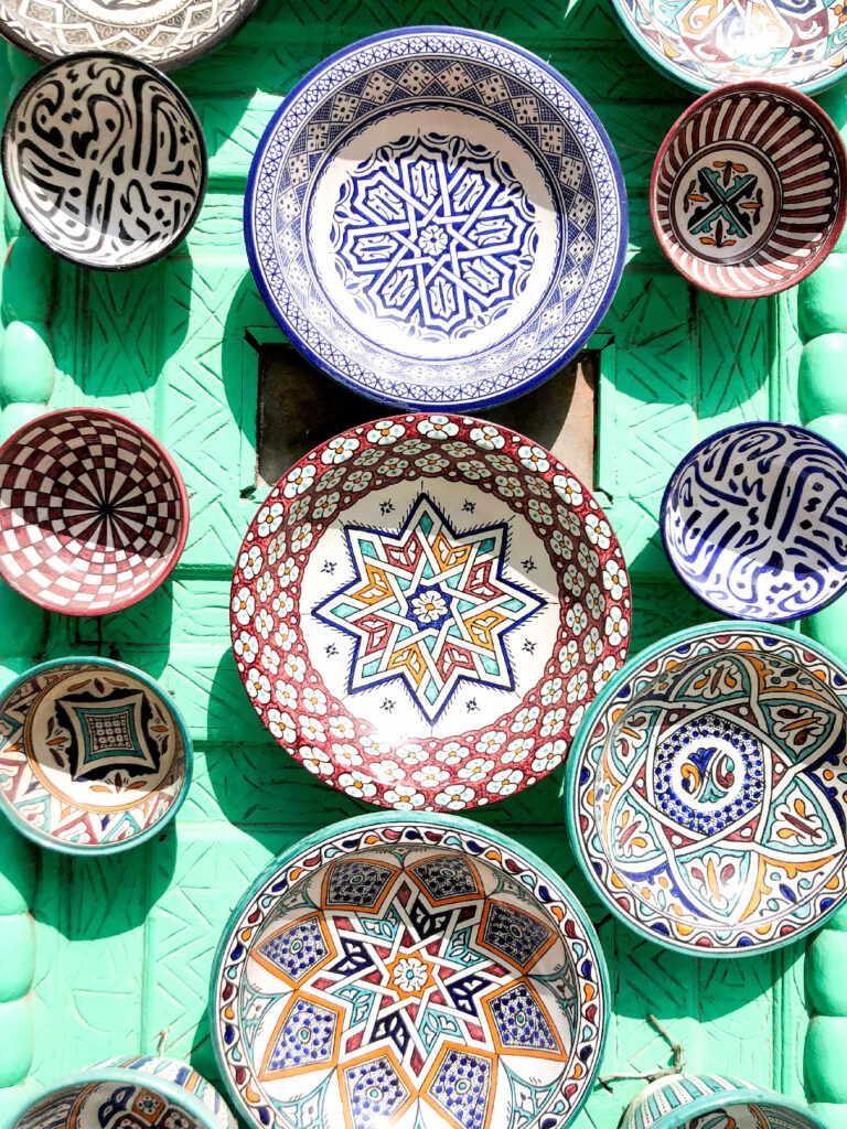 moroccan pottery in medina of essaouira.colorful ceramics and pottery