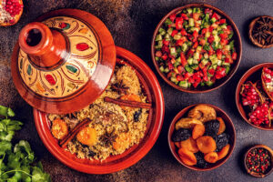 traditional moroccan tajine of chicken with dried fruits and spi